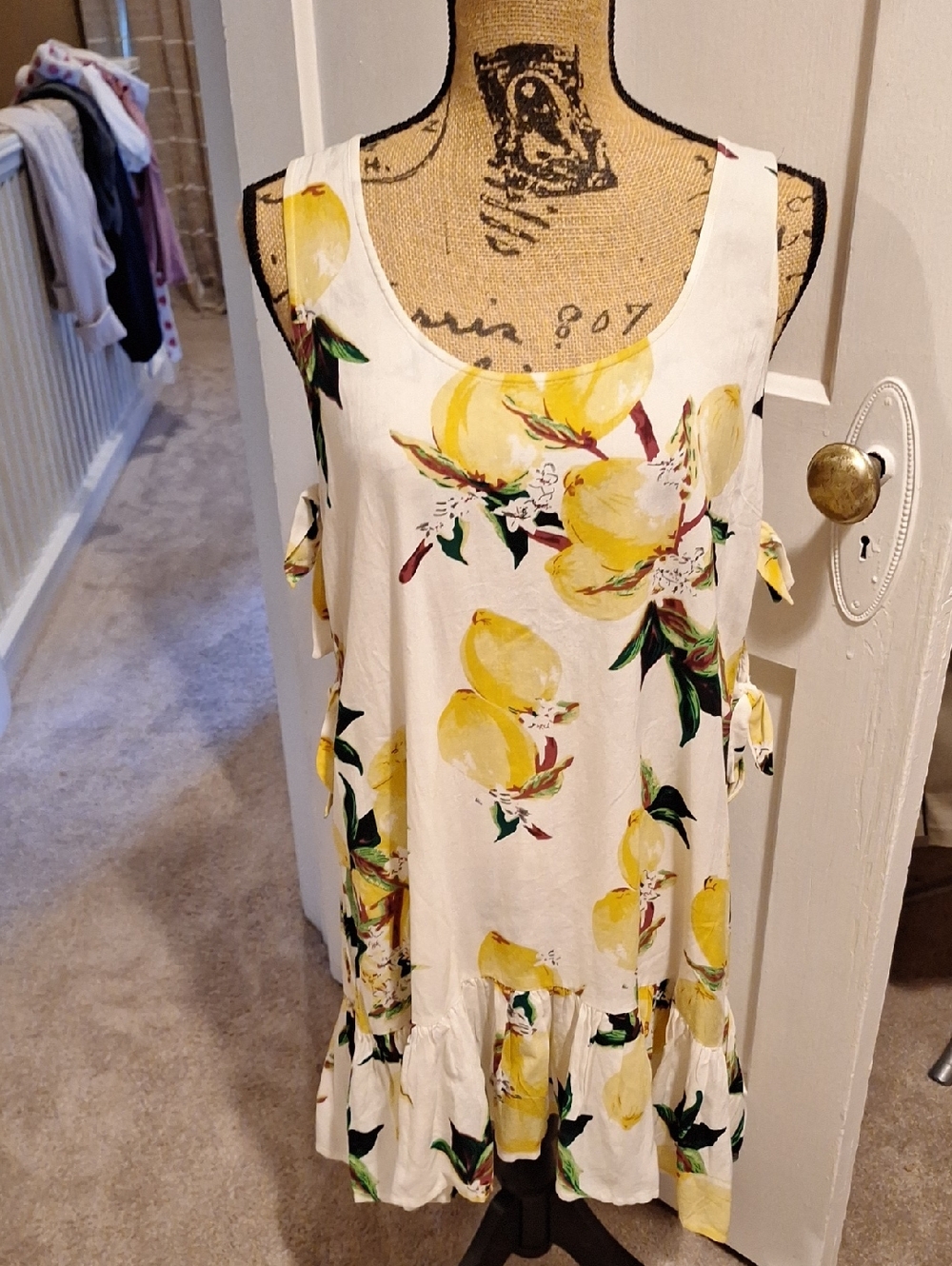 White Lemon-Print Tie-Sleeve Midi Dress